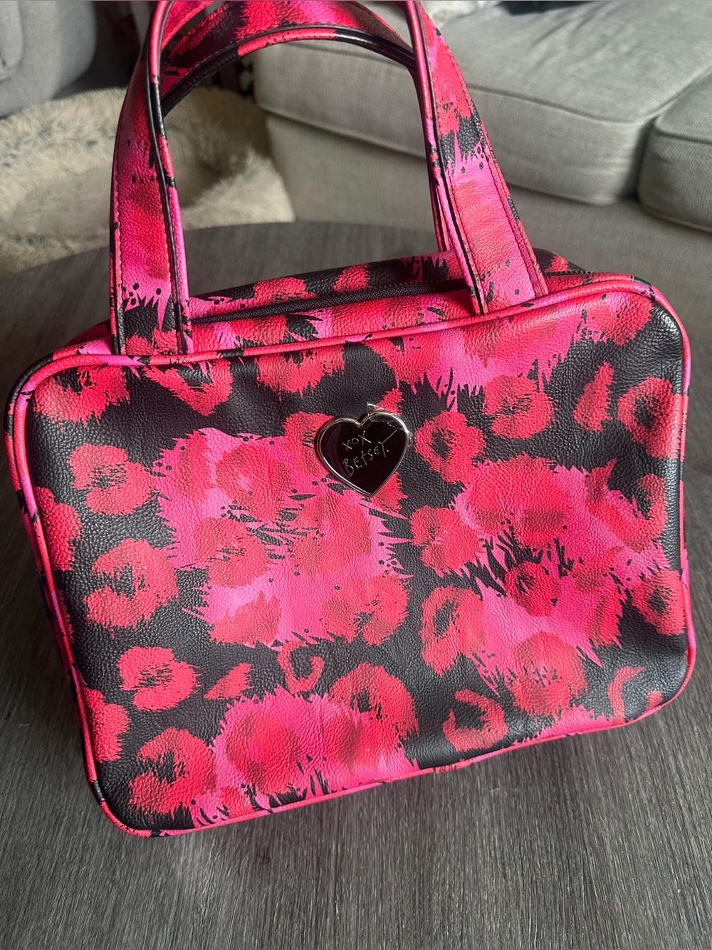 Betsey Johnson Hot Pink, Red & Black Floral Leopard Cosmetic/Travel Tote